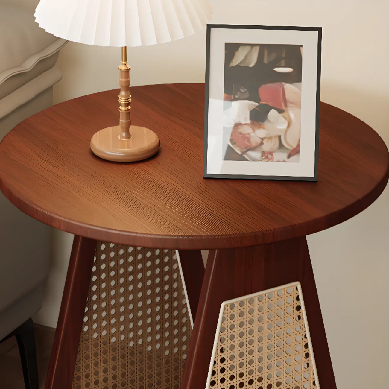 Mid-century Modern 2-tier Wood Side Table with Rattan Legs