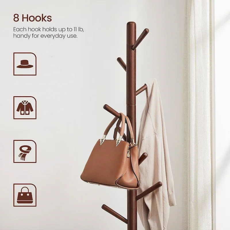 Solid Wood Modern Coat Rack, 8 Hooks, 53 lb Capacity, Adjustable 3-Section Design with Triangular Base