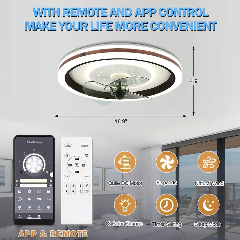 App Control Flush Mount Ceiling Fan with Light Kit Included 6 Fan Speed 3 Color Tones for Living Room Bedroom Ceiling Fan 18