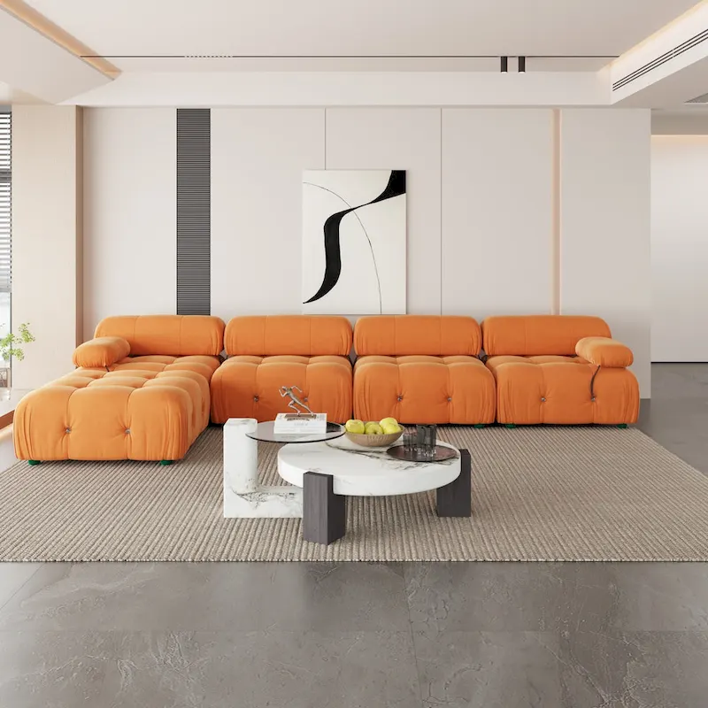 L-Shaped Velvet Sectional Sofa with Ottoman