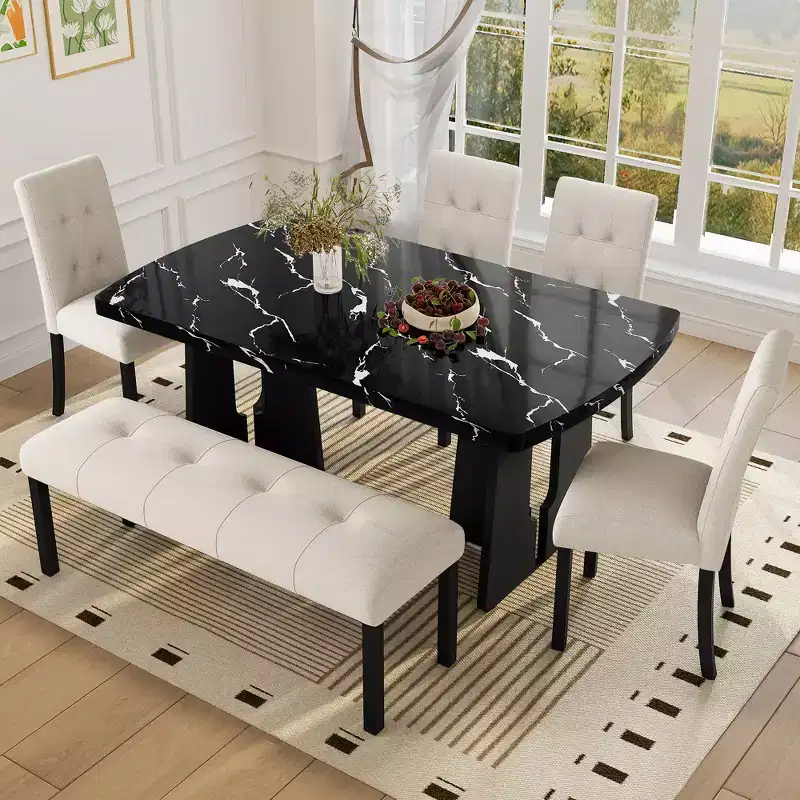 Modern Tufted Linen Dining Bench with Rubber Wood Legs