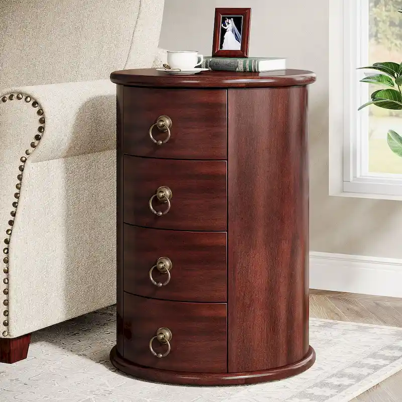 No Assembly Solid Wood End Table, Vintage Round Side Drawers Table