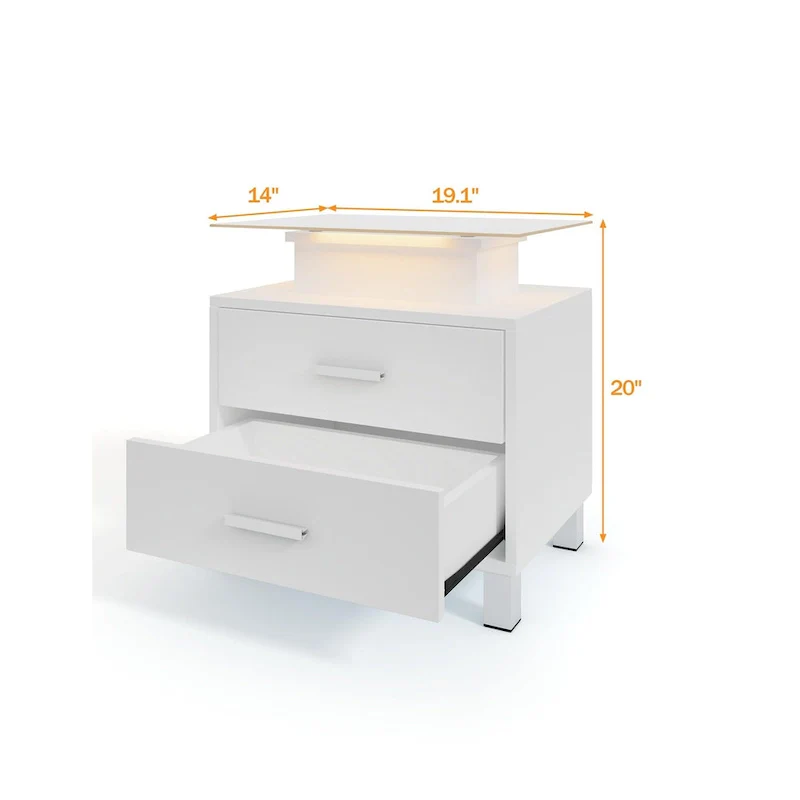 Nightstand with LED Lights & Charging Station – White, 2 Drawers, Single