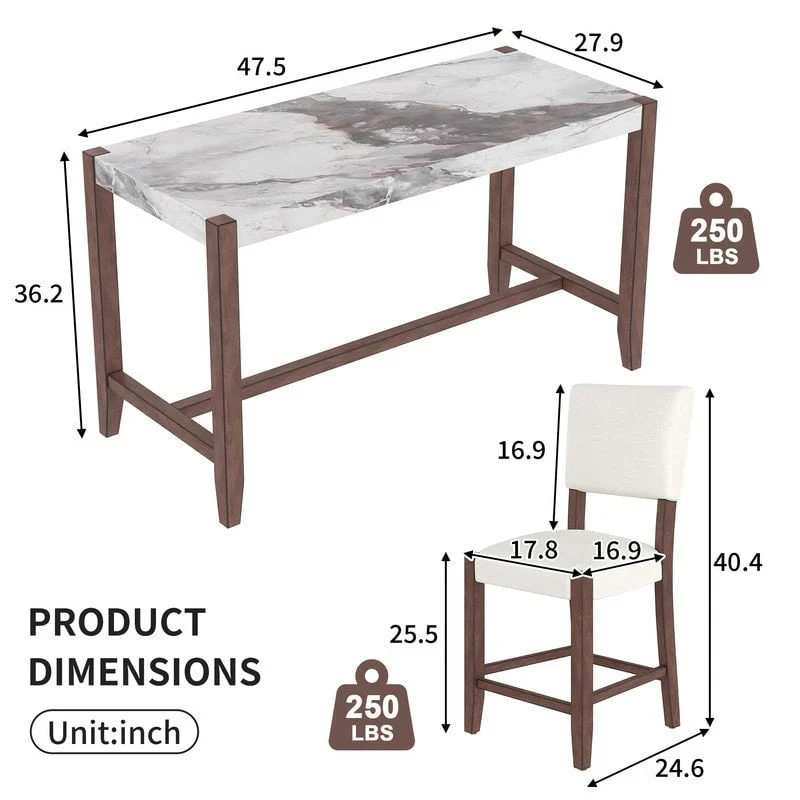 Modern 5-Piece Counter Height Dining Table Set, Faux Marble Bar Table and 4 Upholstered-Seat Chairs