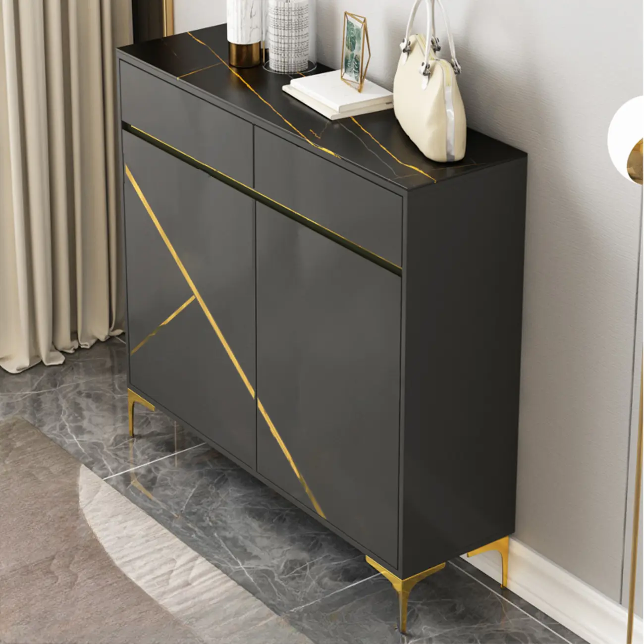 Trendy Gray Wood Shoe Cabinet with Drawers & Display Top