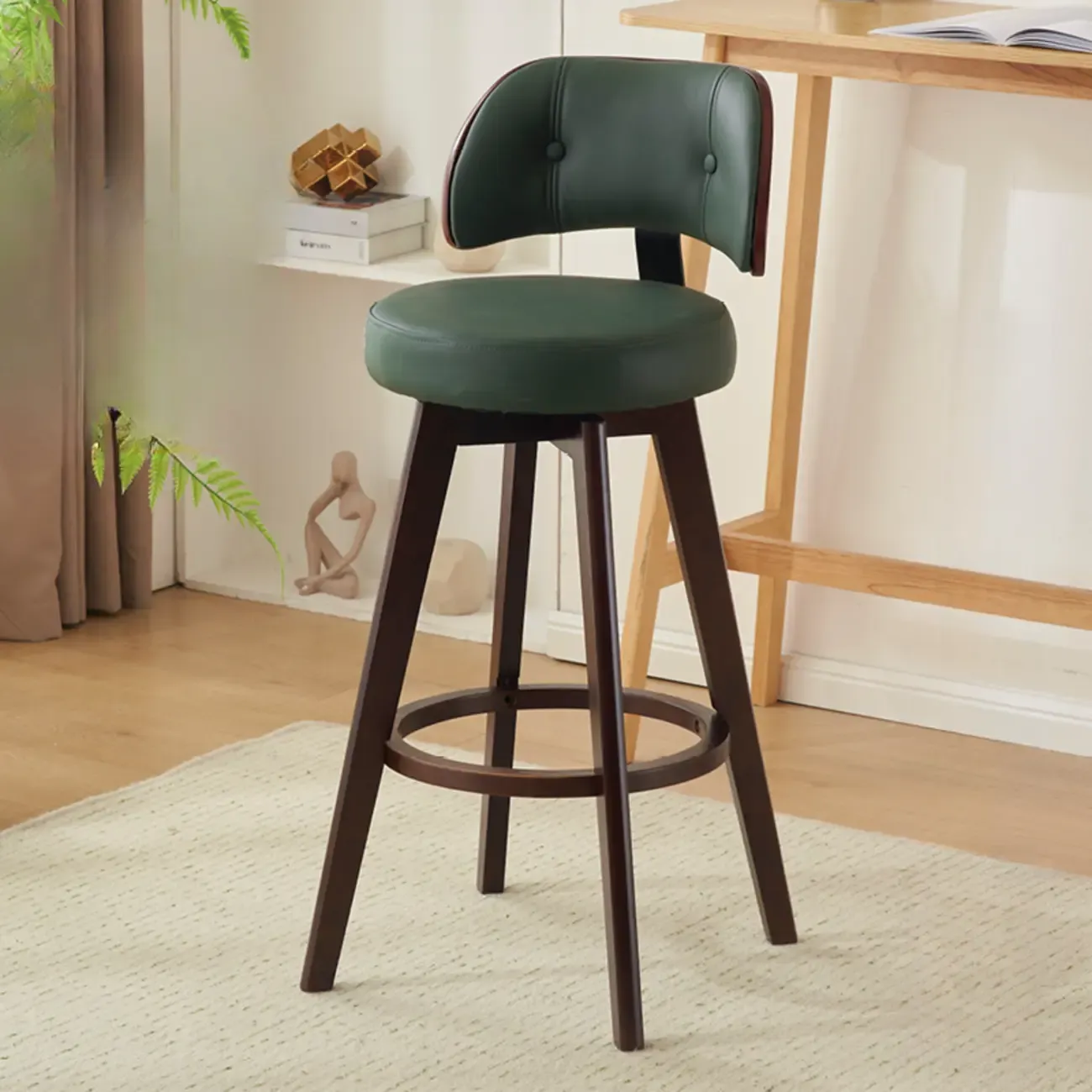 Natural Wood Round Leather Swivel Bar Stools