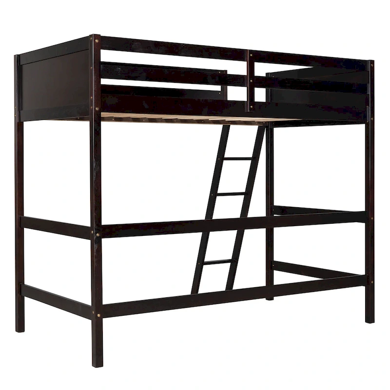 Espresso Twin Solid Wood Loft Bed with Ladder & Fence