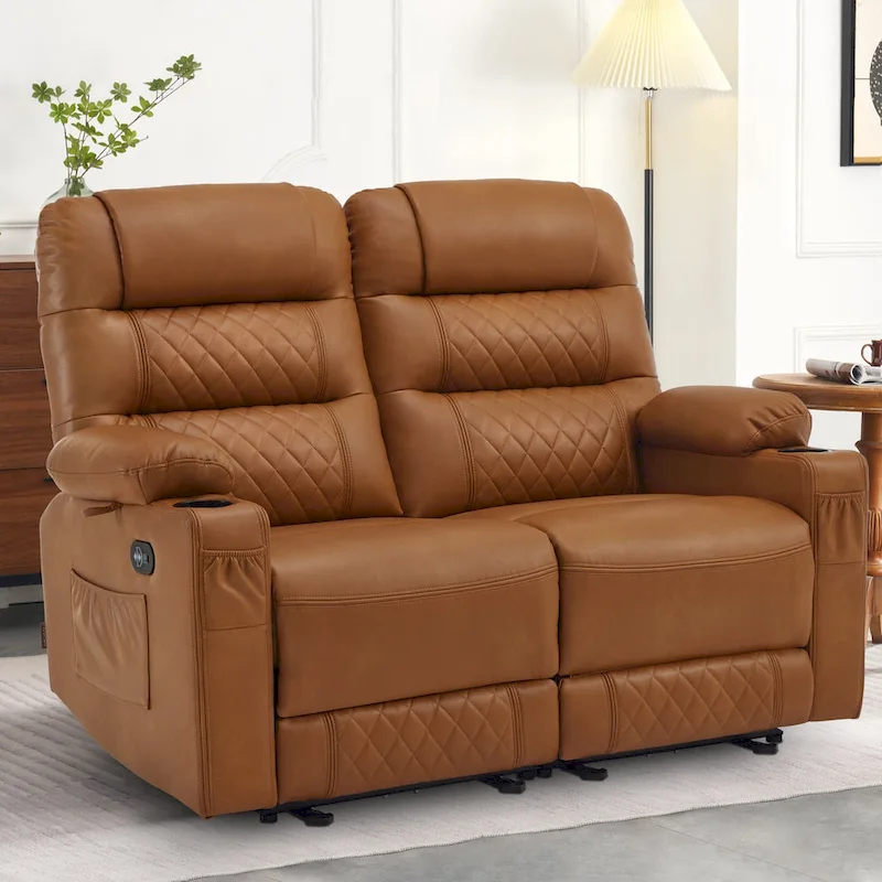 Power Recliner Loveseat, Saddle/Dark Brown/Light Grey, Heat & Massage, Seats 2
