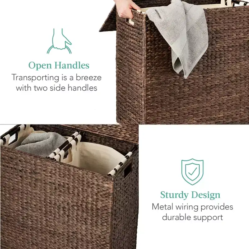 Best Choice Products Large Natural Water Hyacinth Double Laundry Hamper Basket w/ 2 Liner Bags, Handles
