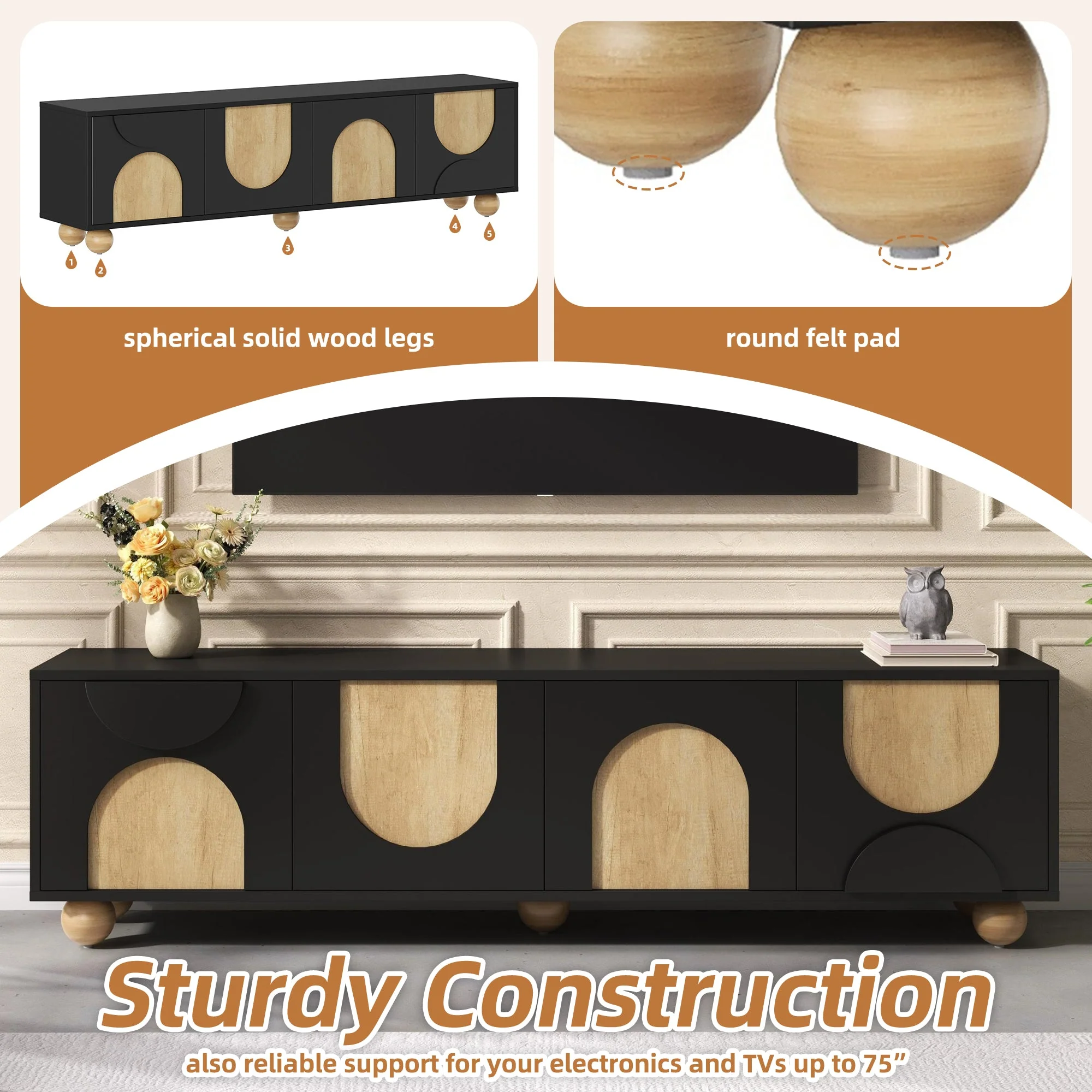 Modern Curve Shape Two Tone 69.6' TV Stand with Ball Feet Detail