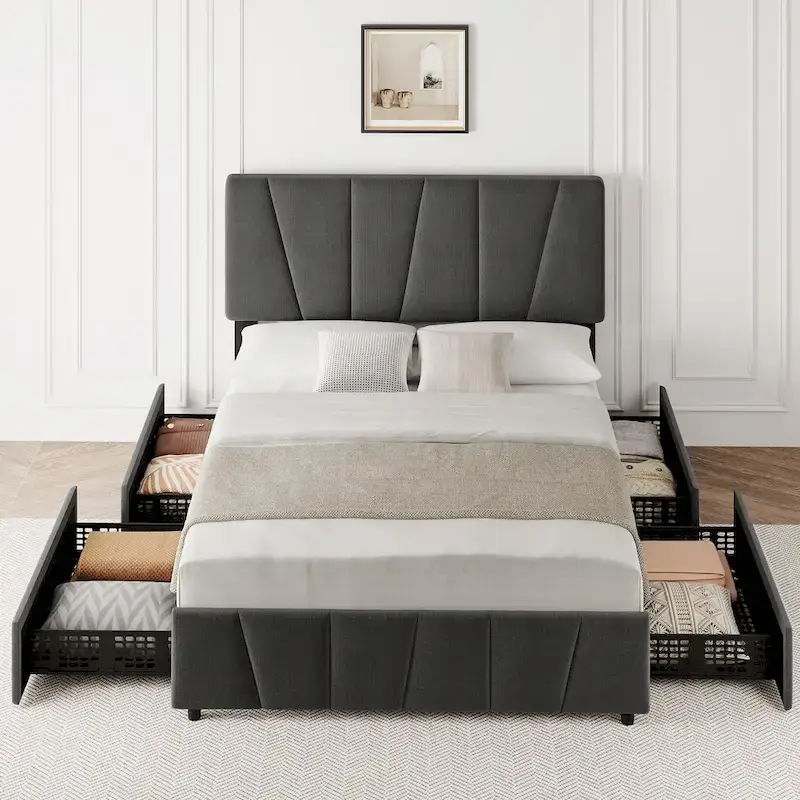 Transitional Upholstered Platform Bed Frame with Adjustable Headboard and 4 Storage Drawers