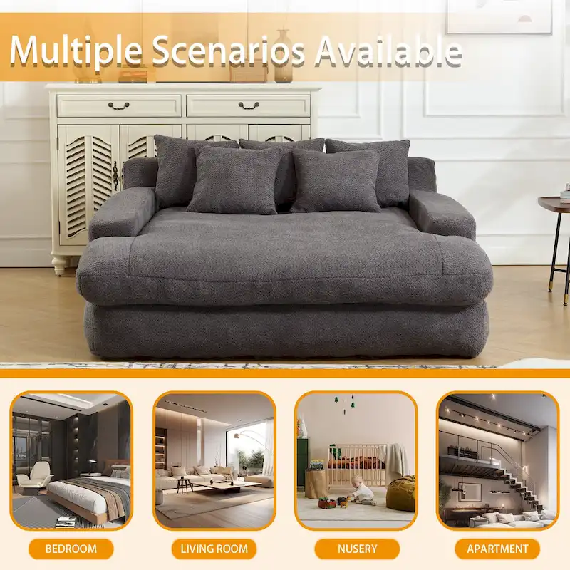 Chenille Upholstered 2-seater Deep Seat lazy sofa bed With 5 back pillows