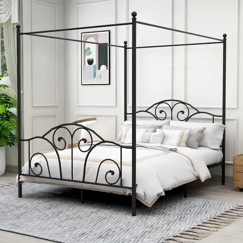 Four Post Metal Canopy Bed Frame, Vintage Style, Metal Slats, No Box Spring, 600 lbs, Seats 2, White/Black, Full/Queen