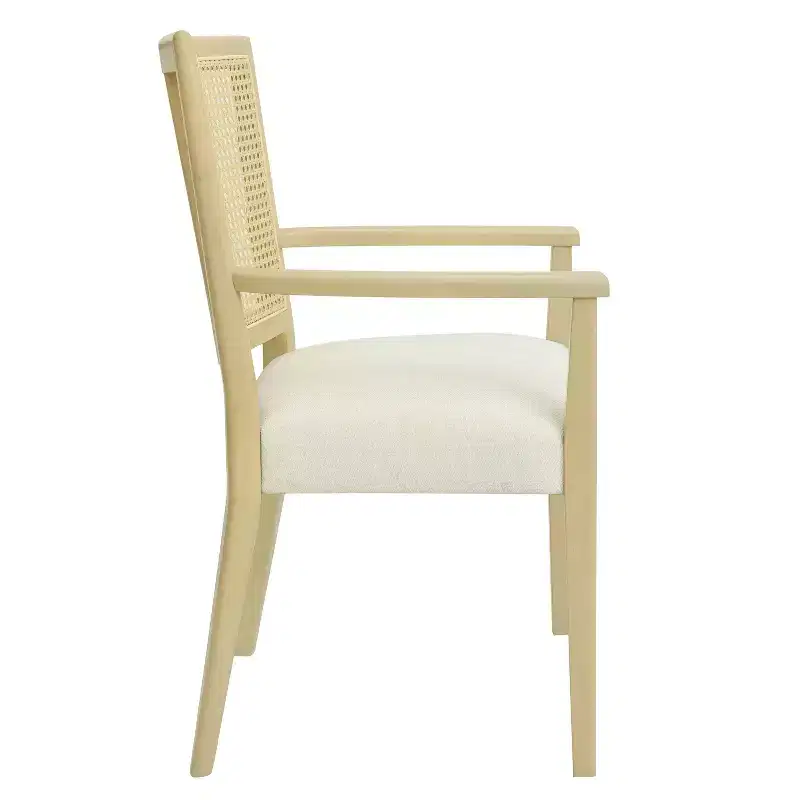 Beige/Dark Brown Upholstered Dining Arm Chairs with Rattan Back, Set of 2