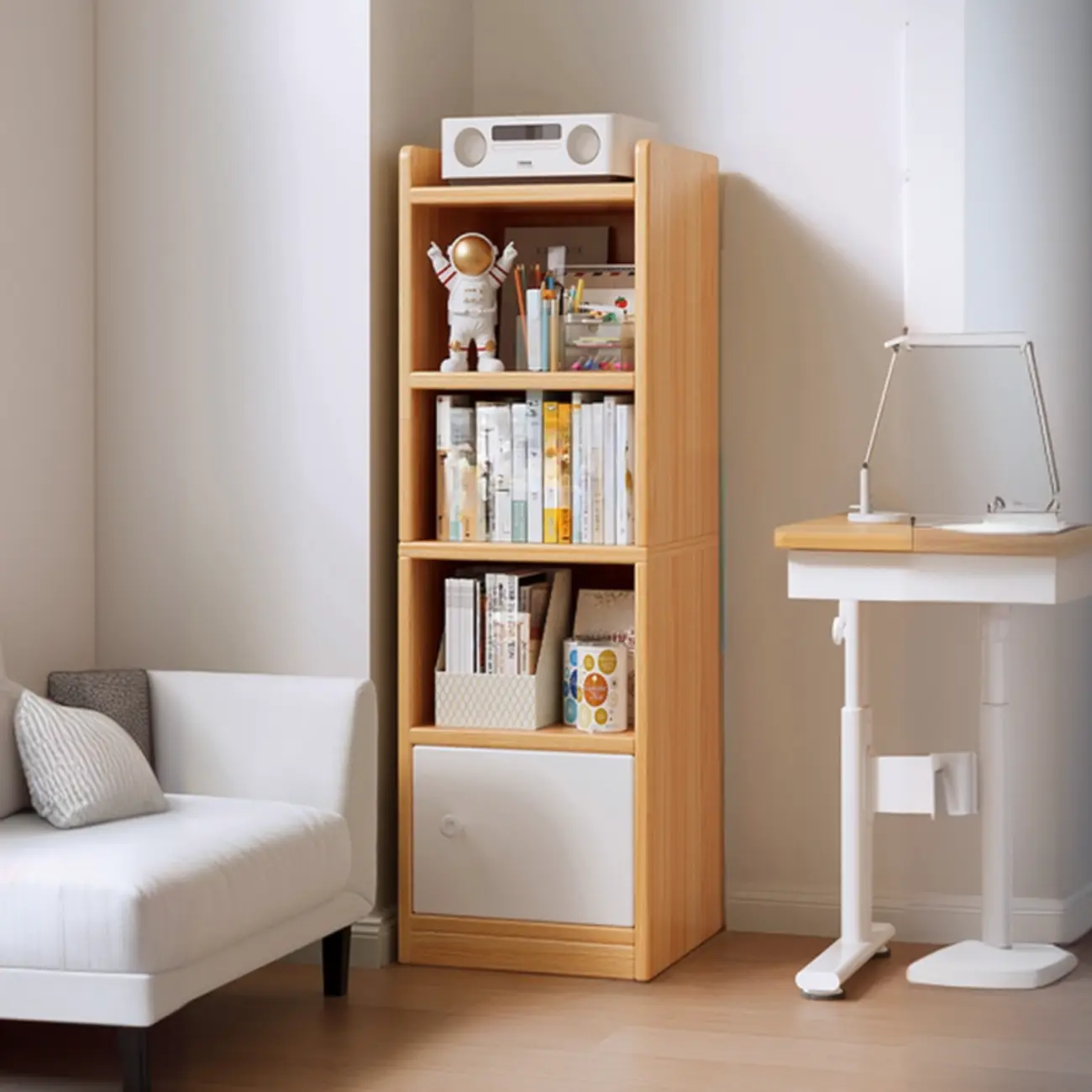 Narrow 6-Shelf White Wooden Bookcase with Cabinet