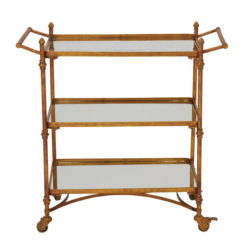 Metal Rolling 3 Mirrored Shelves Bar Cart with Handles - Brass - 18W x 35L x 33H