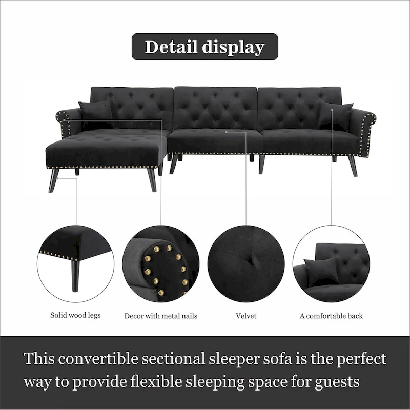 Aukfa Velvet Convertible Sleeper Sectional Sofa Bed - 114.5 W