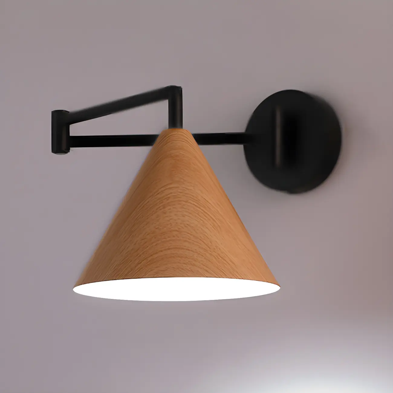 Black Metal Swing Arm Wall Light with Wood Shade