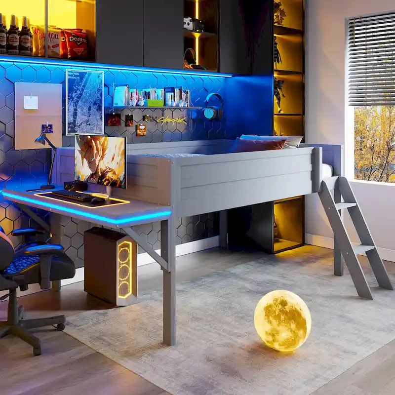 Full Wood Gaming Loft Bed with LED Desk & Storage