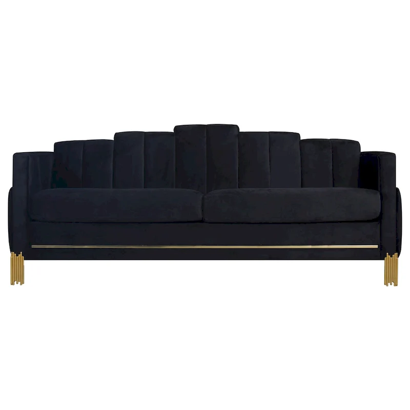 Theo Sofa, Black Velvet, Blue LED Lights, Gold Metal Legs, 83 Inch