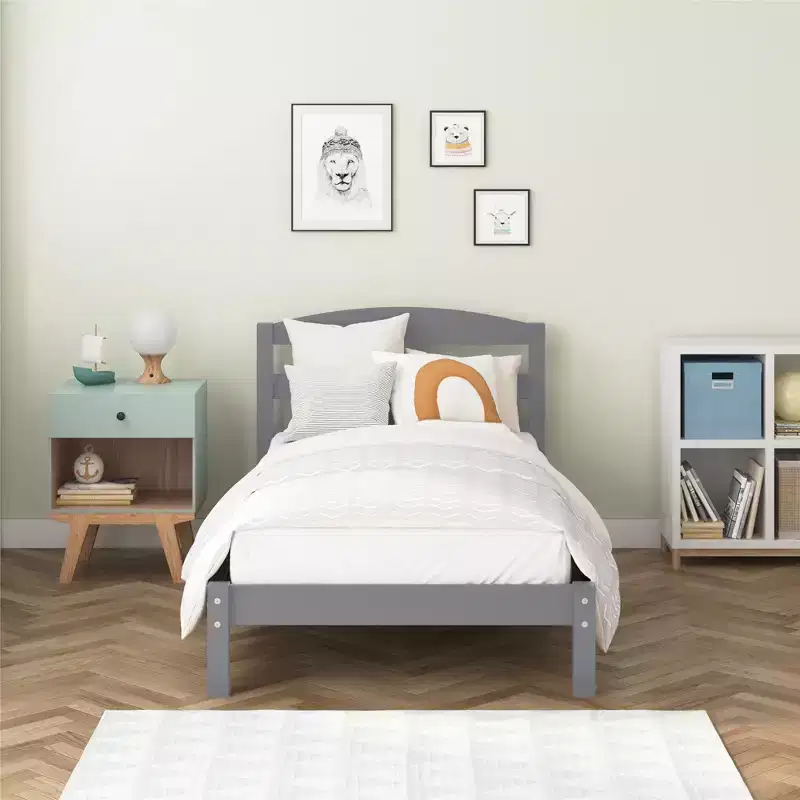 Gray Wooden Platform Bed with Headboard, Twin, 1-Person