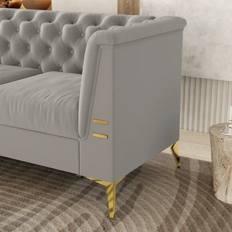 82 Velvet 3 Seater Chesterfield Sofa Couch with Gold Metal Legs, High Rebound Sponge and Removable Cushions
