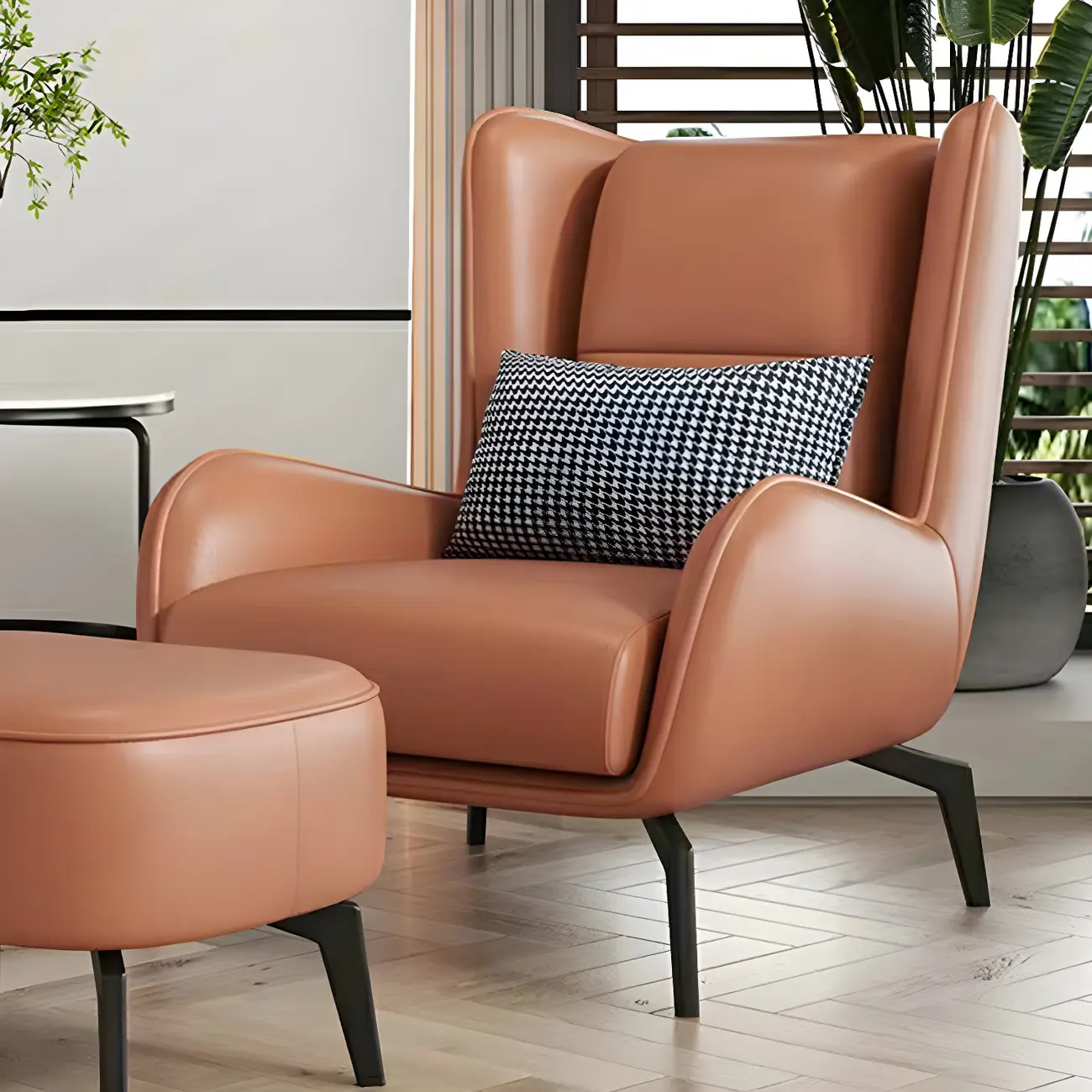 Modern Beige Leather Accent Chair with One Pillow