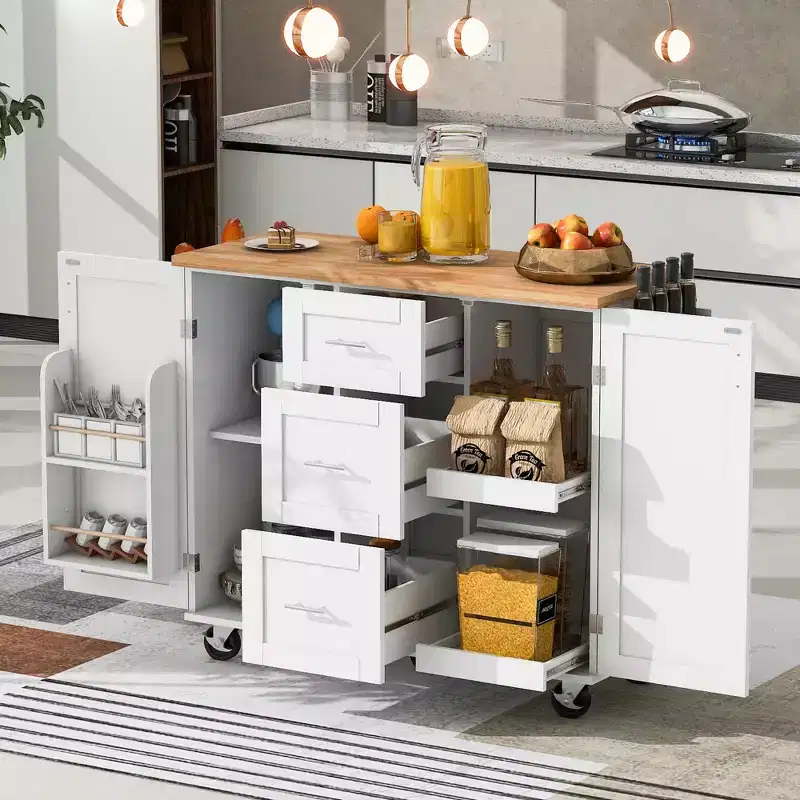 MAYEERTY Black Rolling Kitchen Island with Rubber Wood Top, 3 Drawers 2 Slide-Out Shelves Spice Rack Tower Rack