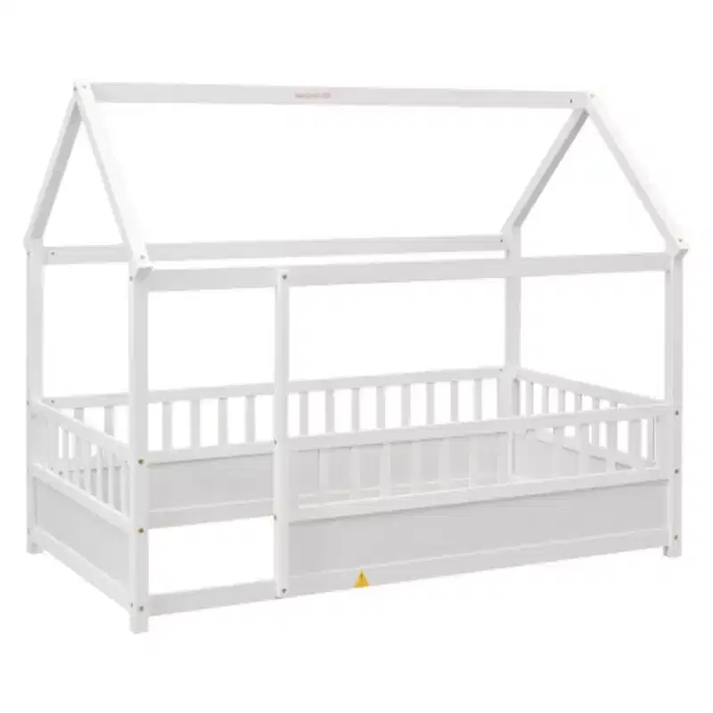 Gray / White House Roof Floor Bed with Fence Guardrails – Single