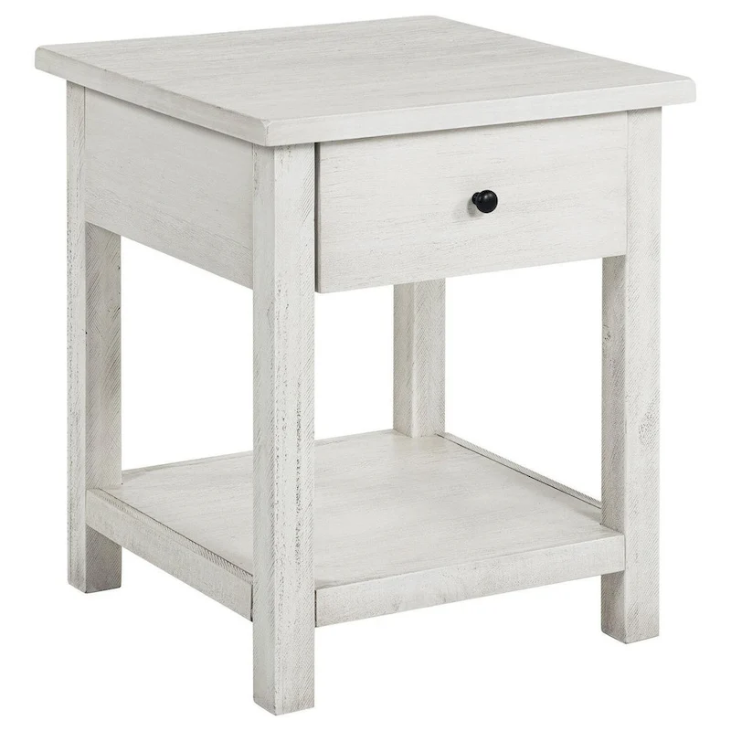 Ayne Side End Table, 1 Drawer, Distressed White Wood, Square 20 Inch