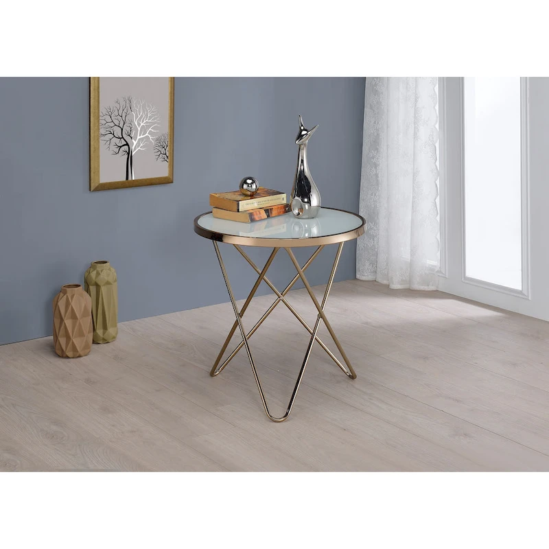 Frosted Glass Top & Champagne Finish Round End Table, with V-shaped Metal Base