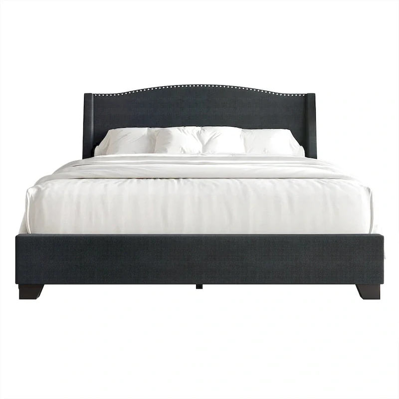 Elegant Chrome Nailhead Wingback Upholstered Bed with Drawers