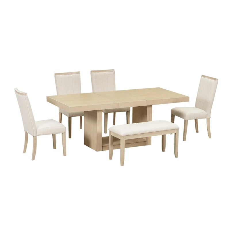 6-Piece 78inch Extendable Pedestal Dining Table Set with 18inch Removable Leaf and Dining Bench, 4 Upholstered Dining Chairs