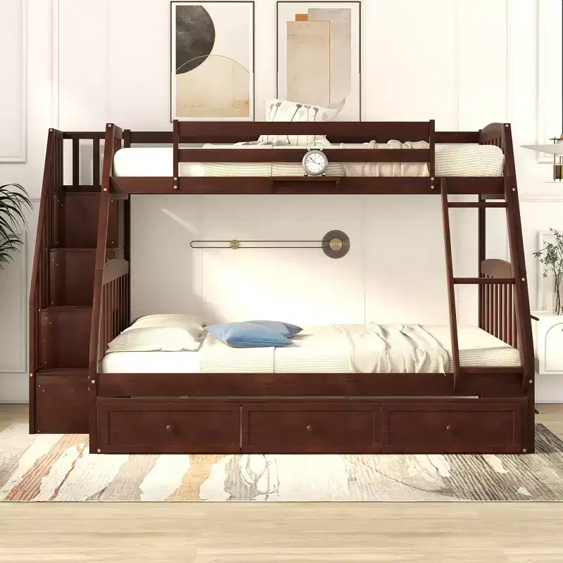 Twin over Full Bunk Bed with Storage Drawers — Espresso / Gray / White, Sleeps 2