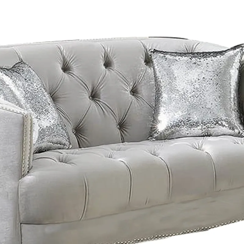 Wooden Loveseat with Deep Button Tufted Details and Nailhead Trims, Gray