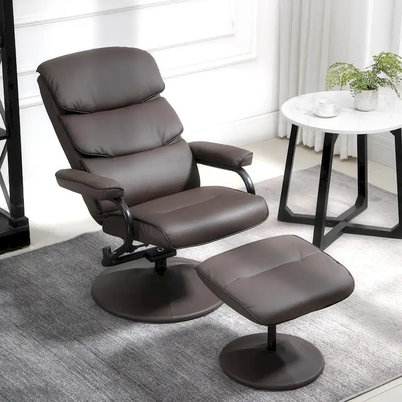 HOMCOM Recliner Chair with Ottoman, Swivel PU Leather High Back Armchair w/ Footrest Stool, 135 Adjustable Backrest