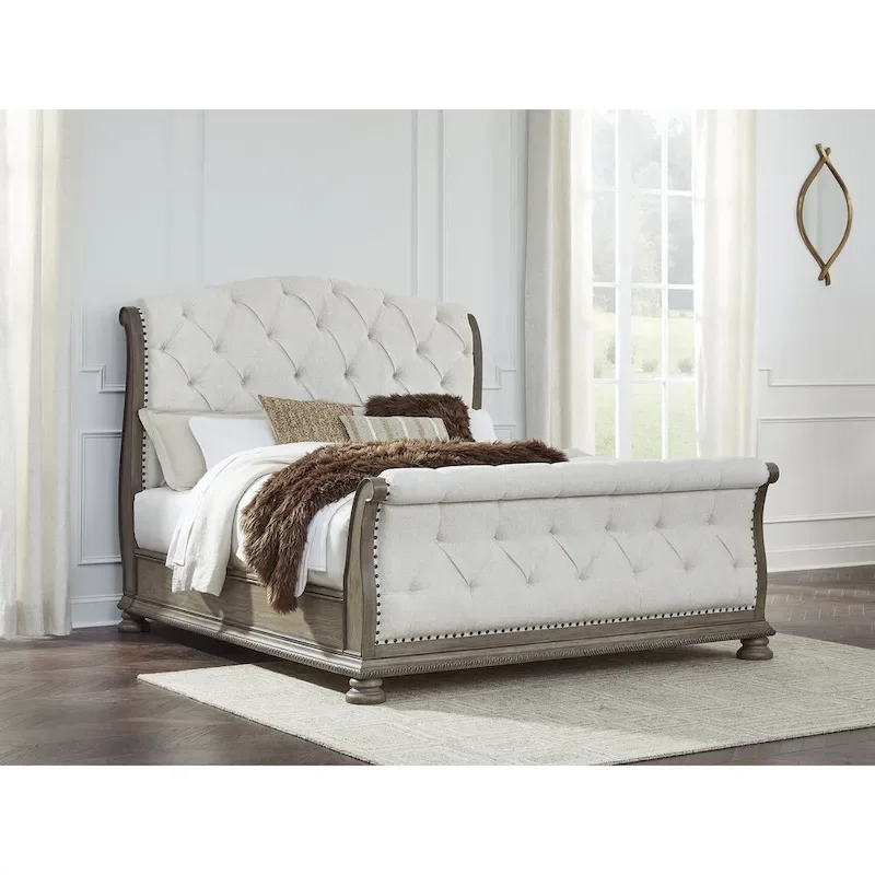 Signature Design by Ashley Ardenfield Light Brown/Beige Upholstered Sleigh Bed