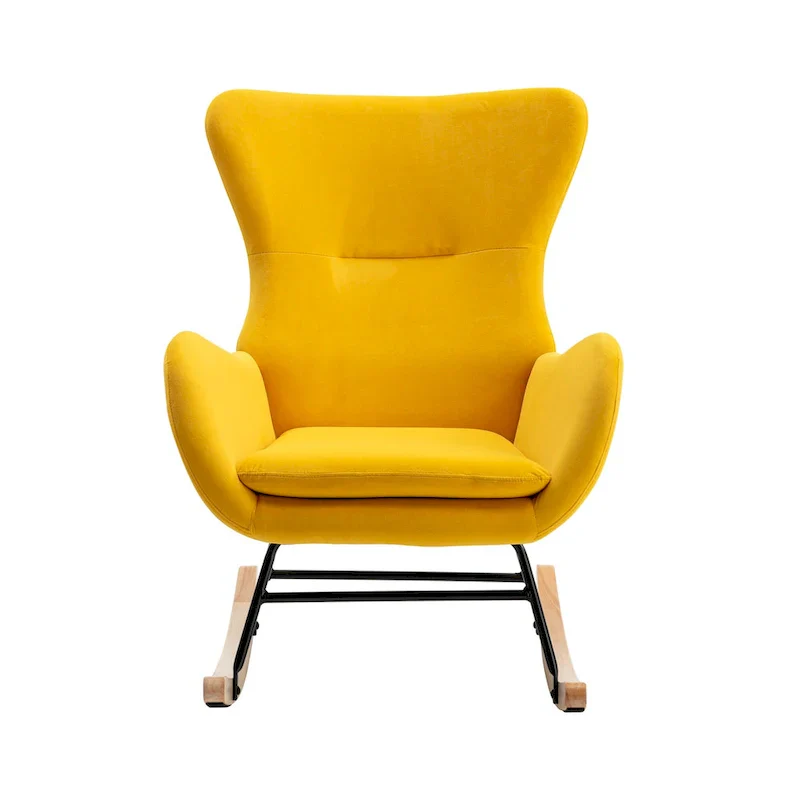 Yellow Modern 33.1 High Back Upholstered Rocking Chair with Rubber Wood Legs and Metal Frame