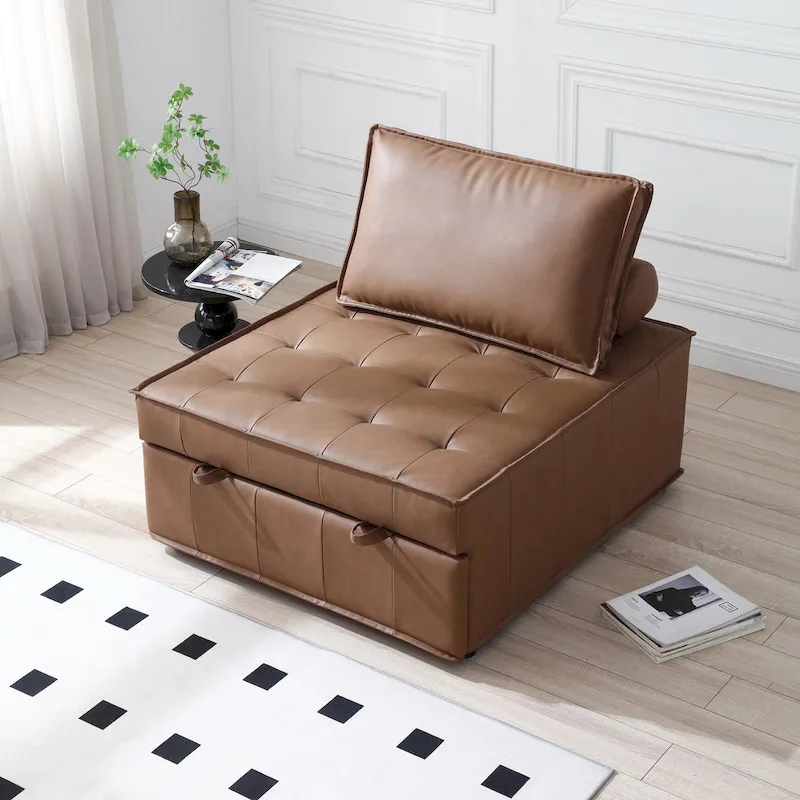 39 Faux Leather Single Ottoman Pull-Out Sofa Bed with Adjustable Backrest