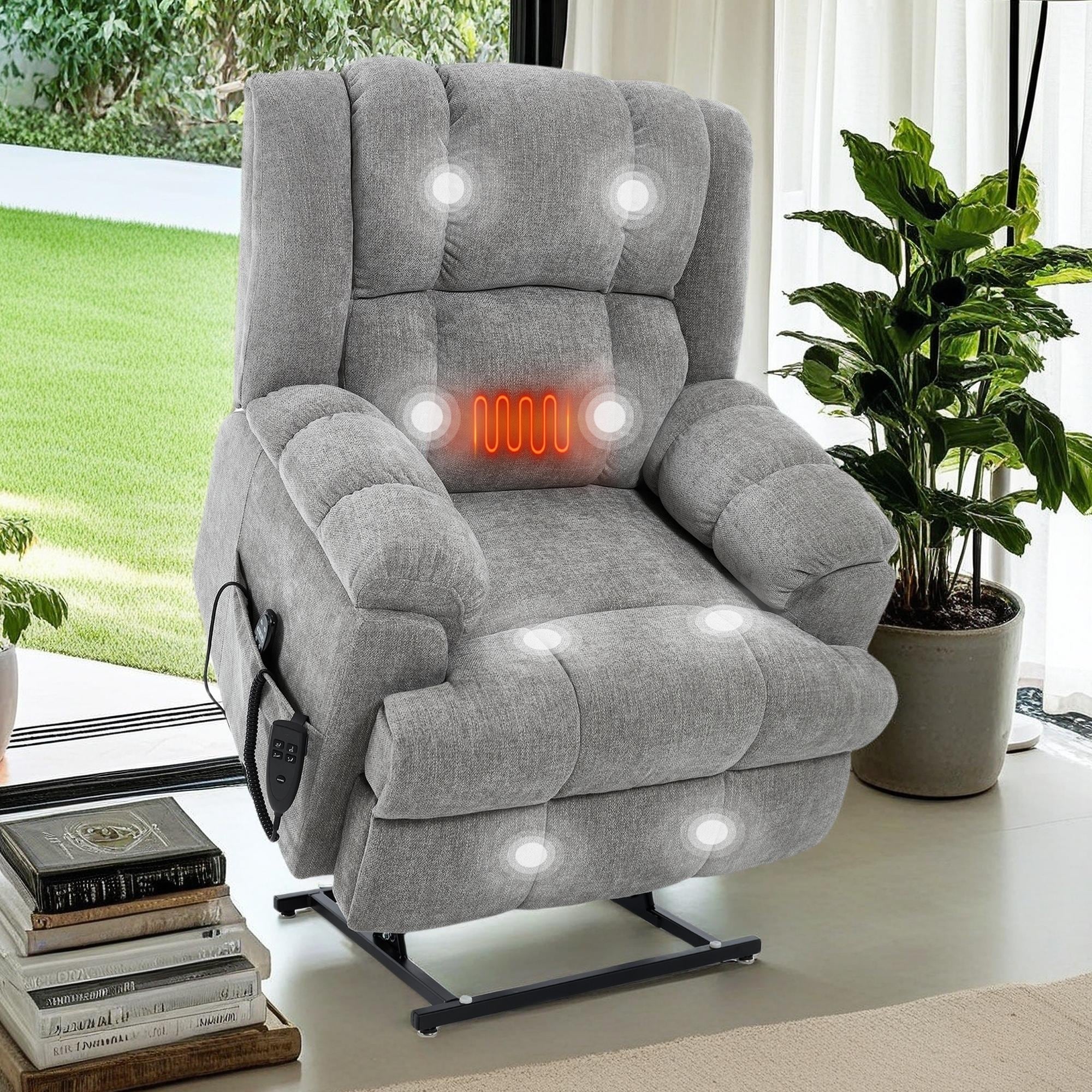Oversized Chenille Power Lift Recliner Chair with Massage and Lumbar Heating, Infinite Position Reclining