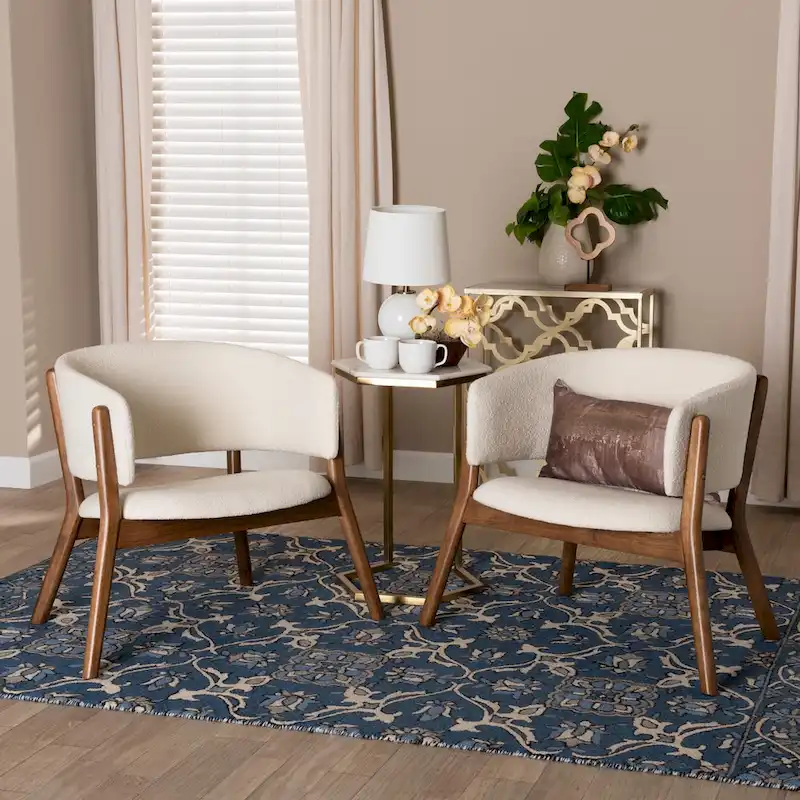Baron Mid-Century Modern Cream Boucle Fabric Upholstered and Walnut Brown Finished Wood 2-Piece Living Room Accent Chair Set