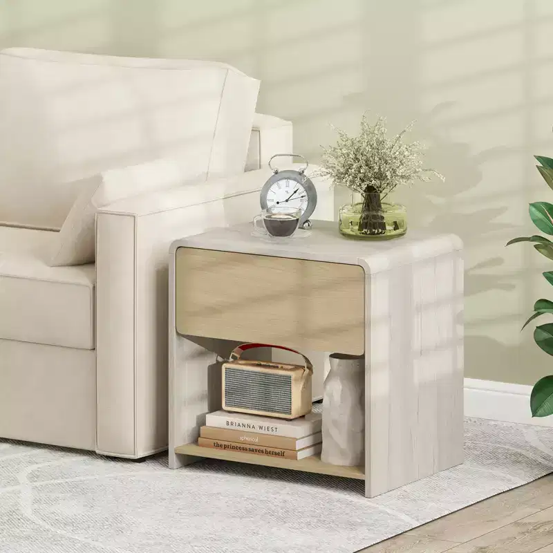 Modern Style Nightstand 2-Tier Sofa Side Bedside Table w/ Drawer & Open Shelf