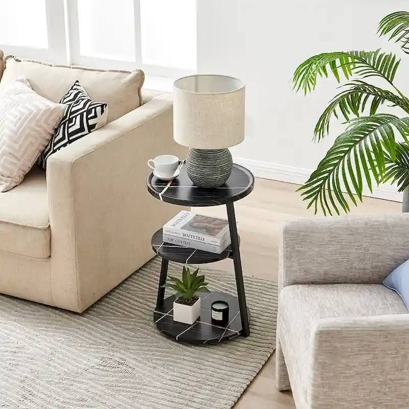 Skylar Round 3-Tier Side Accent Table with Raised Lip Edge Tabletop and Midcentury Modern Metal Asymmetric Pedestal Legs