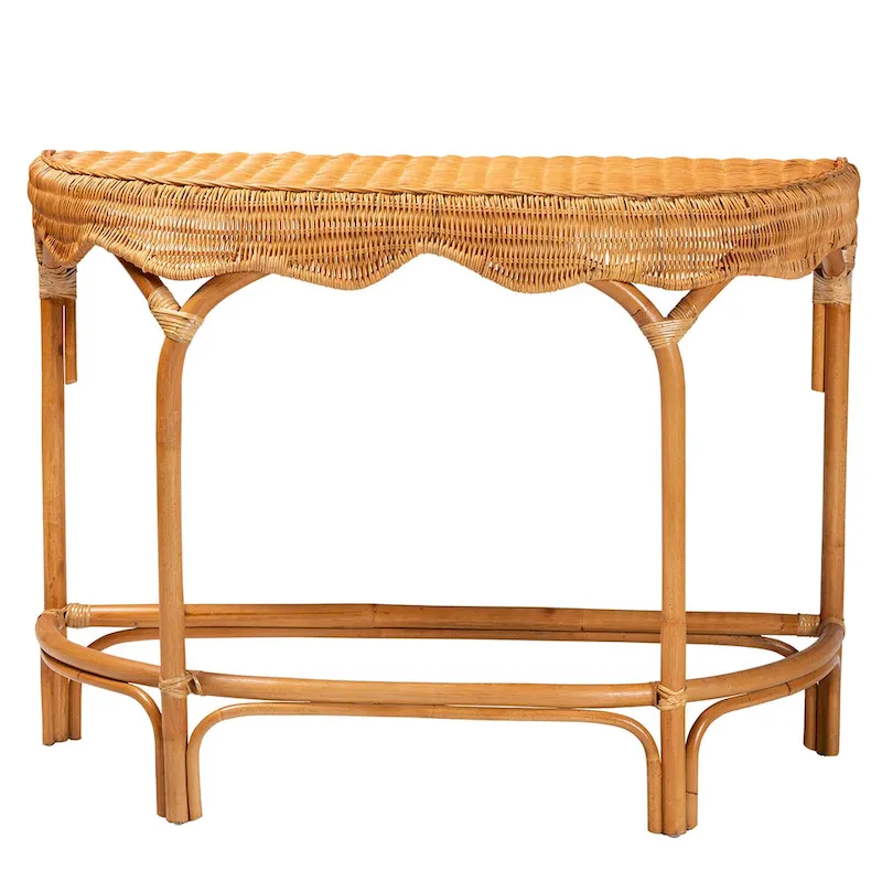 42-Inch Modern Bohemian Natural Rattan Console Table with Half-Moon Top, Scalloped Details for Entryway