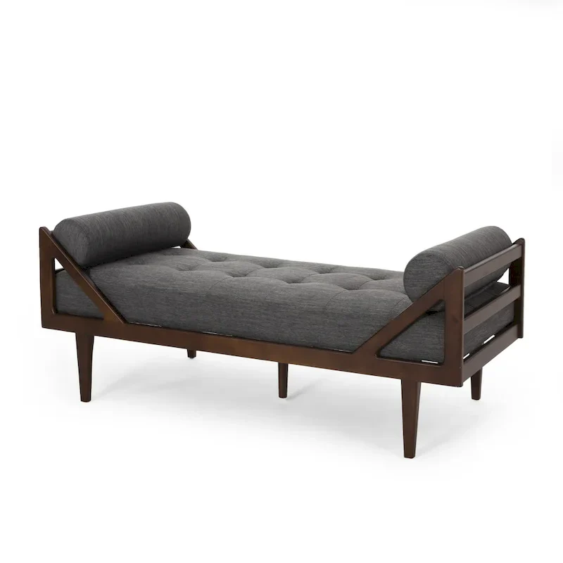 Charcoal Modern 65 Button Tufted Chaise Lounge Chair with Bent Wood Desing and Rolled Accent Pillows