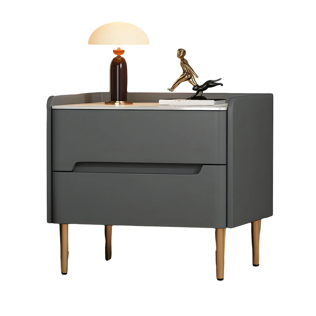 Elegant Green Wood Stone Top Gold Legs 2-Drawer Nightstand