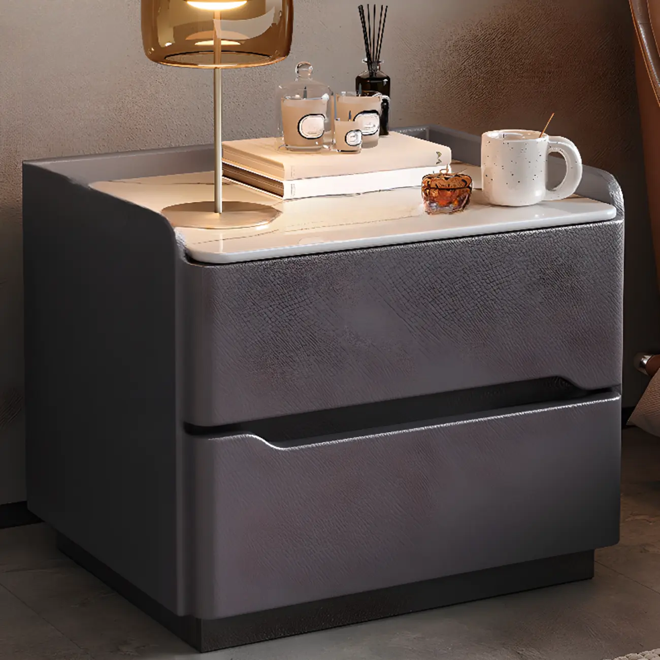 Modern Leather Tray Stone Top 2 Drawers Nightstand