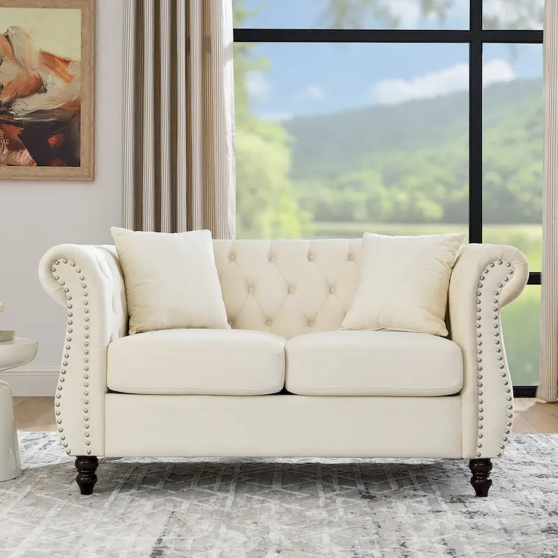 Beige Velvet Chesterfield Loveseat Sofa, Rolled Arms, Nailhead Trim