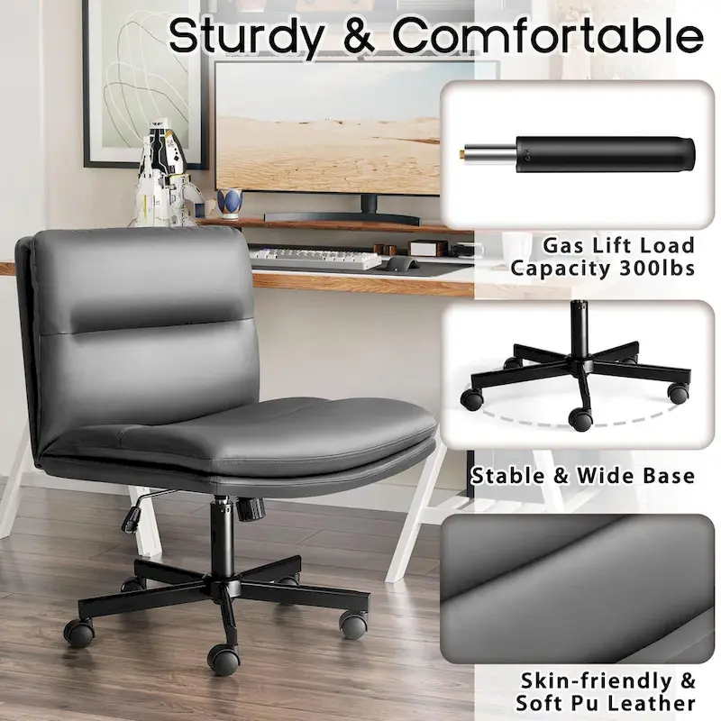 Bossin Criss Cross Chair with Wheels,PU Leather Armless Cross Legged Office chair, Adjustable Wide Seat Task Vanity Chair