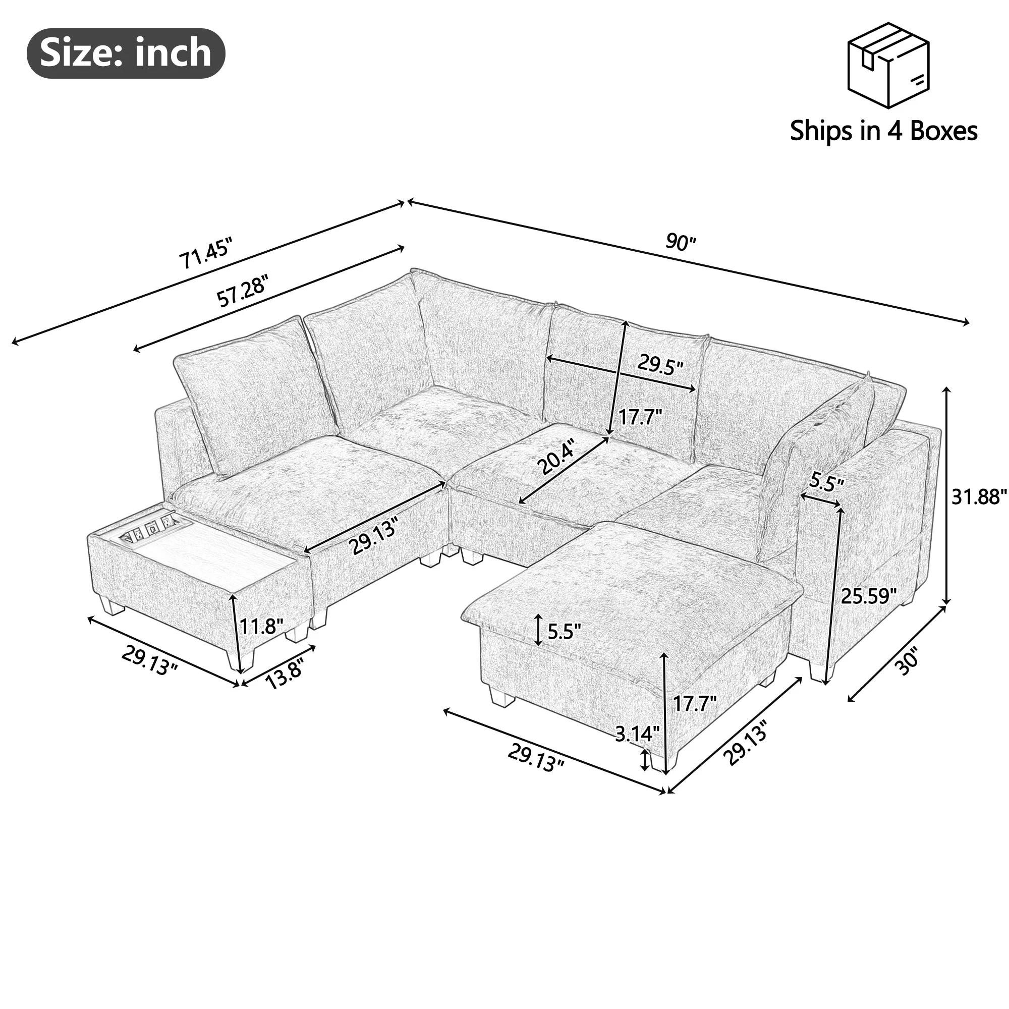 Walker Edison | Cloud Modular U-shaped Sectional Sofa with Ottoman and Coffee Table